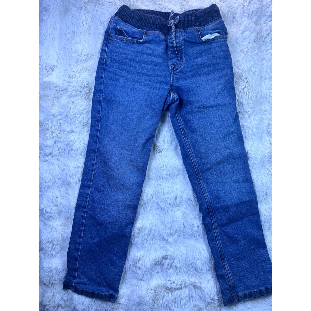 Lands End Boys M 8 Lined Denim Jeans Blue Elastic Waist Drawstring Straight Leg